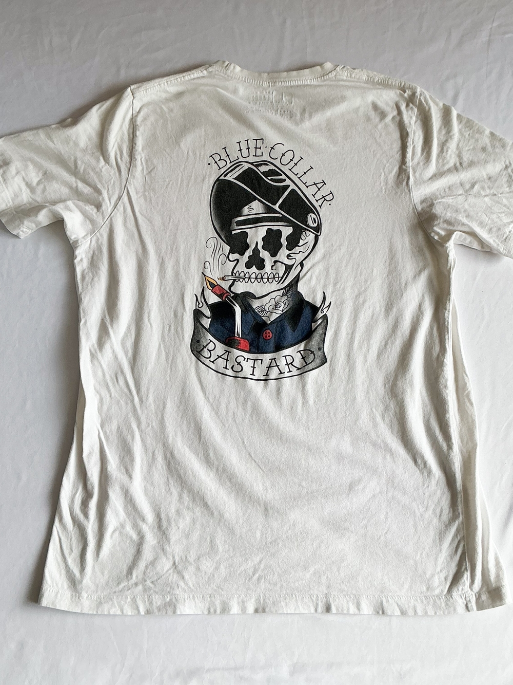 Blue Collar Bastard Skull Cycling Graphic T Shirt White Biker Tattoo Mens Large